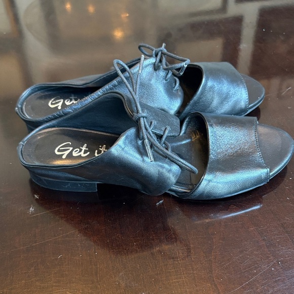 🐓 Get It Black Open-Toe Leather Mules sandals lace up - Picture 3 of 4